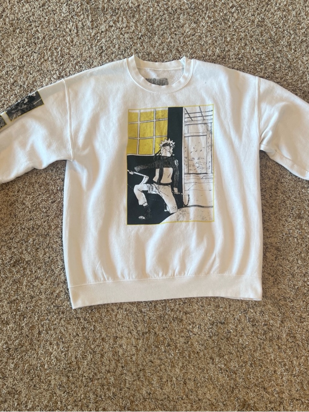 White Graphic Crewneck Sweatshirt with Yellow Accent
